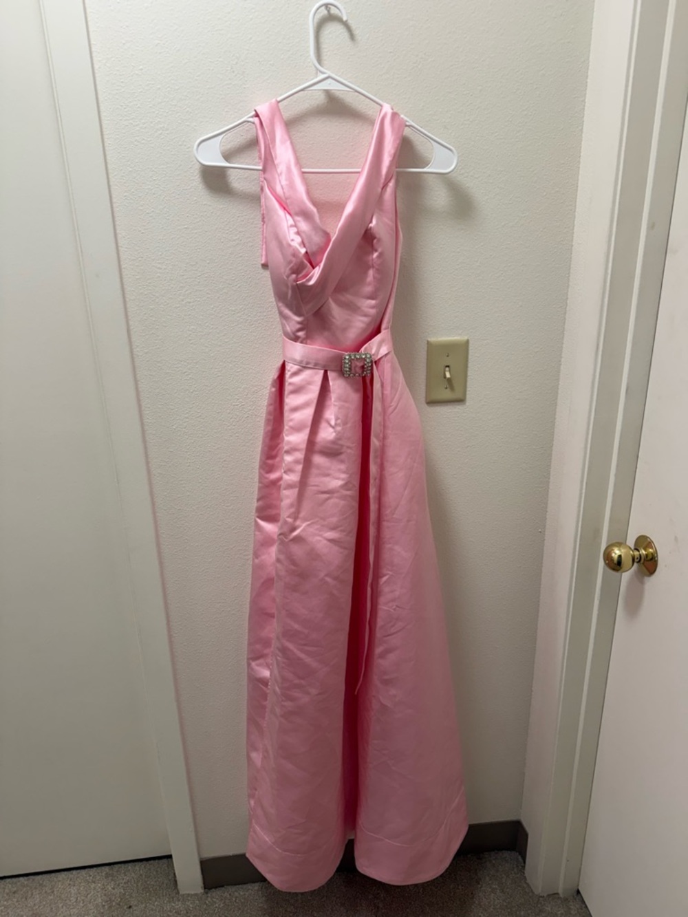 Pink Satin Evening Gown with Draped V-Neck